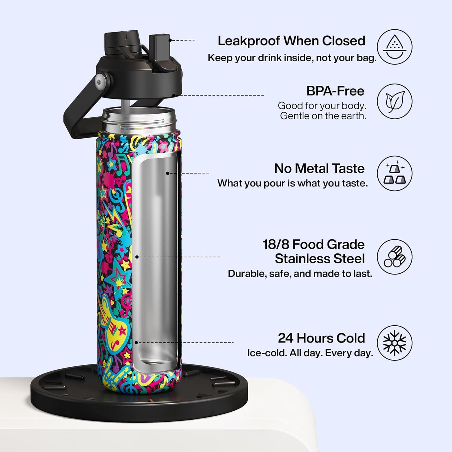 ENCOOL Insulated Water Bottle with Straw Stainless Steel Water Bottle, Leak-Proof, BPA-Free, Double Wall Vacuum Keeps Cold for 24 Hours for Sports, Travel, School (26 oz, Cotton Candy) - Colors B