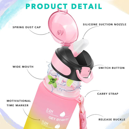 Enerbone 32 oz Drinking Water Bottle with Times to Drink and Straw, Motivational with Carrying Strap, Leakproof BPA & Toxic Free, Ensure You Drink Enough Water for Fitness Gym Outdoor