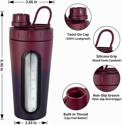 TOOFEEL Shaker Bottles for Protein Mixes 28 oz Stainless Steel Protein Shaker with 2 Mixing Ball, Not Stays Cold/Hot, Visible Window Metal Shaker Cups, Leakproof, BPA Free Bottle Shaker