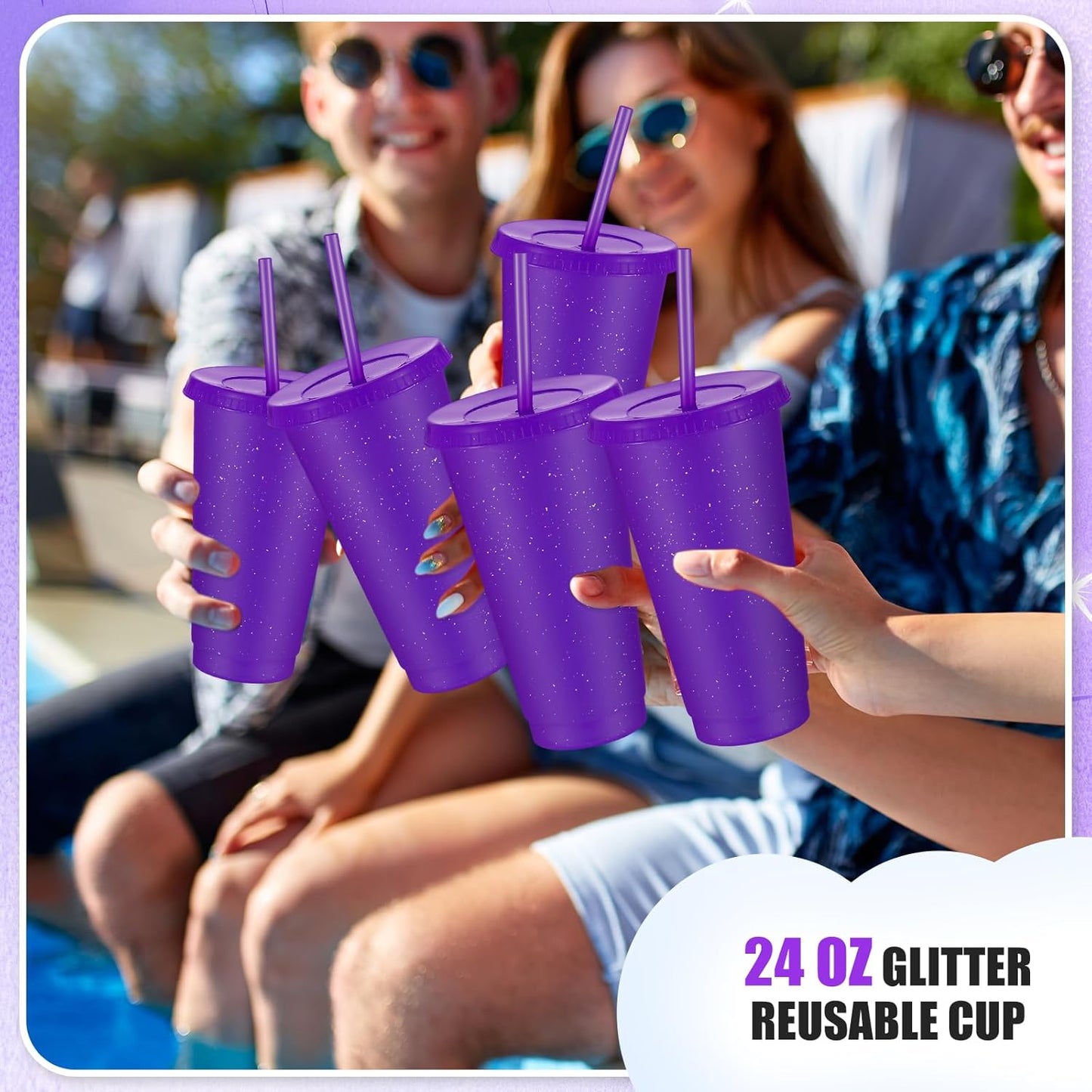 Uiifan 6 Pcs 24 oz Reusable Tumbler with Lids and Straws Plastic Iced Coffee Tumbler Glitter Travel Mug Cup for Smoothie Juices Birthday Party Cold Drink Coffee Cup Bulk for Adult Kid Women (Clear)