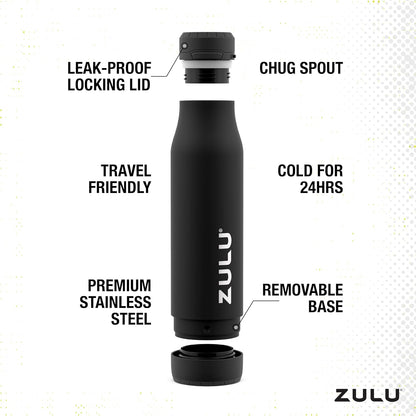 ZULU Ace Vacuum Insulated Stainless Steel Water Bottle with Chug Spout, Leak-Proof Locking Lid and Removable Base for School, Backpack, Sports, Gym, Travel