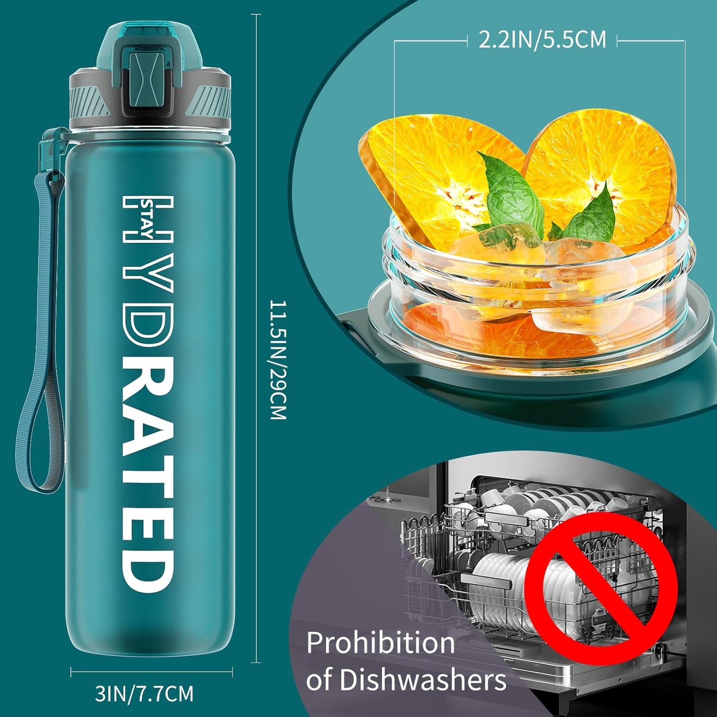 QLUR Water Bottle with Straw, 32oz Motivational Water Bottles with Time Marker to Drink, Tritan BPA Free, 1L Sports Water Bottle with Carry Strap LeakProof for Women Gym Fitness Outdoor (1 Pack)