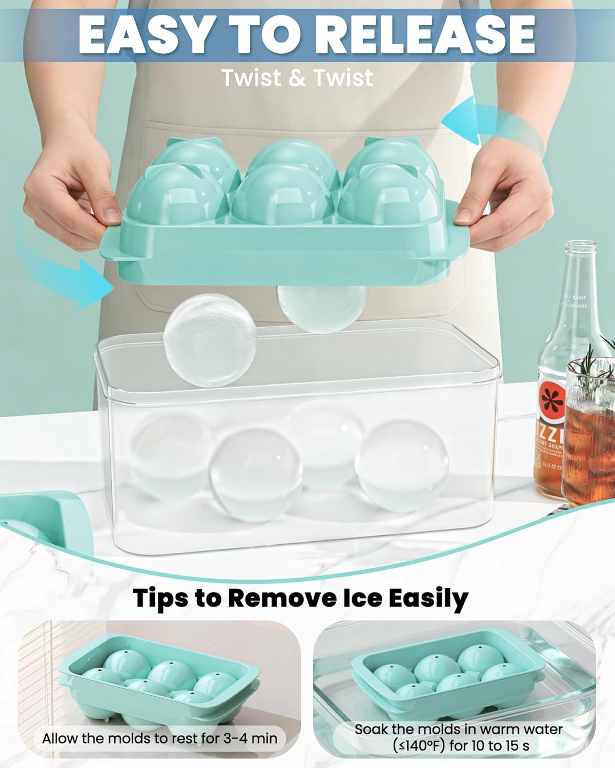 Large Ice Cube Tray for Freezer - 2 Pack Stackable Round Ice Cube Molds Set, Easy to Fill & Release with Storage Bin and Tongs for Kitchen, Party, Cocktail & Coffee, Gifts for Whiskey Lover (1.93In)