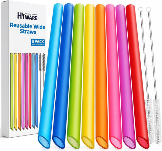 [Angled Tips] 8 Pcs Reusable Jumbo Wide Boba Straws & Smoothie Straws, Multi Colors Reusable Straw, BPA FREE Food-Grade Tritan Plastic Straw for Bubble Tea(Tapioca Boba Pearls) Milkshakes w/ 2 Brushes