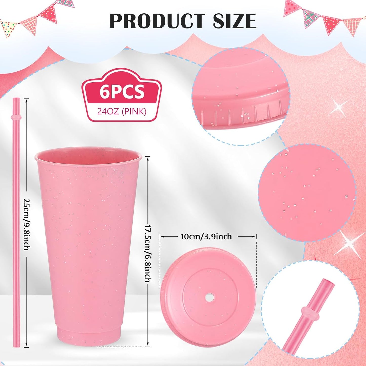 Uiifan 6 Pcs 24 oz Reusable Tumbler with Lids and Straws Plastic Iced Coffee Tumbler Glitter Travel Mug Cup for Smoothie Juices Birthday Party Cold Drink Coffee Cup Bulk for Adult Kid Women (Clear)