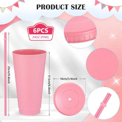 Uiifan 6 Pcs 24 oz Reusable Tumbler with Lids and Straws Plastic Iced Coffee Tumbler Glitter Travel Mug Cup for Smoothie Juices Birthday Party Cold Drink Coffee Cup Bulk for Adult Kid Women (Clear)