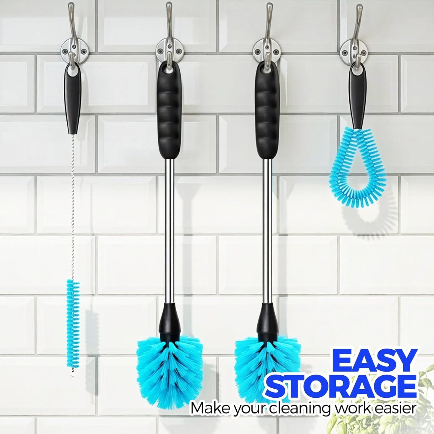 Holikme 4 Pack Bottle Brush Set, 14.5" Long Handle Stainless Steel Bottle Cleaner Brush, Long-Handled 4-in-1 Stainless Steel Bottle Brushes for Water Bottle, Cups, Abrasive Wheel Brushes, Blue
