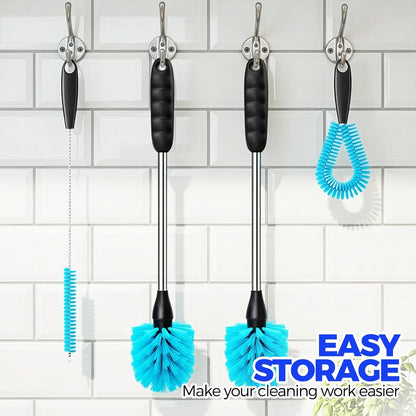 Holikme 4 Pack Bottle Brush Set, 14.5" Long Handle Stainless Steel Bottle Cleaner Brush, Long-Handled 4-in-1 Stainless Steel Bottle Brushes for Water Bottle, Cups, Abrasive Wheel Brushes, Blue