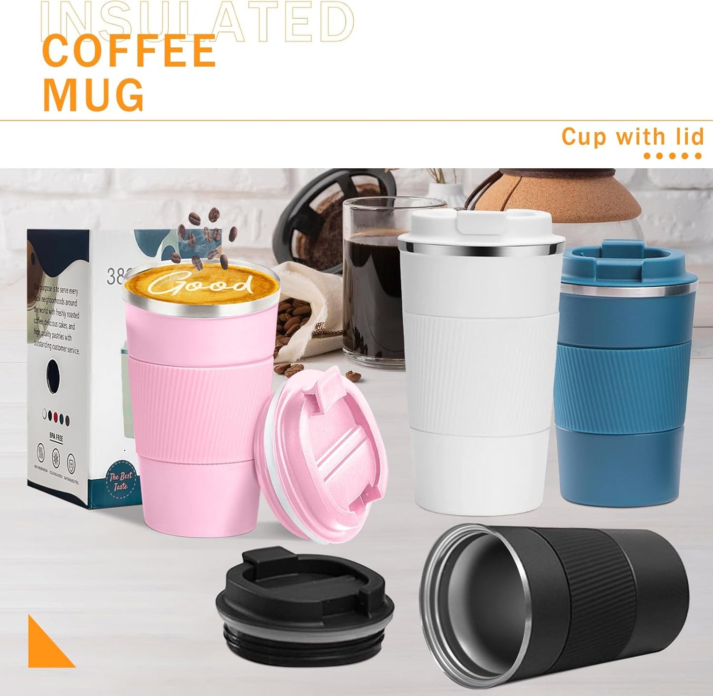 YINBAOGE Insulated Travel Coffee Mug, Spill & Leak Proof, Portable To Go Camping Stainless Steel Coffee Tumbler, Reusable Thermal Coffee Cup with Lid for Hot & Cold Drinks (Black, 12 OZ)