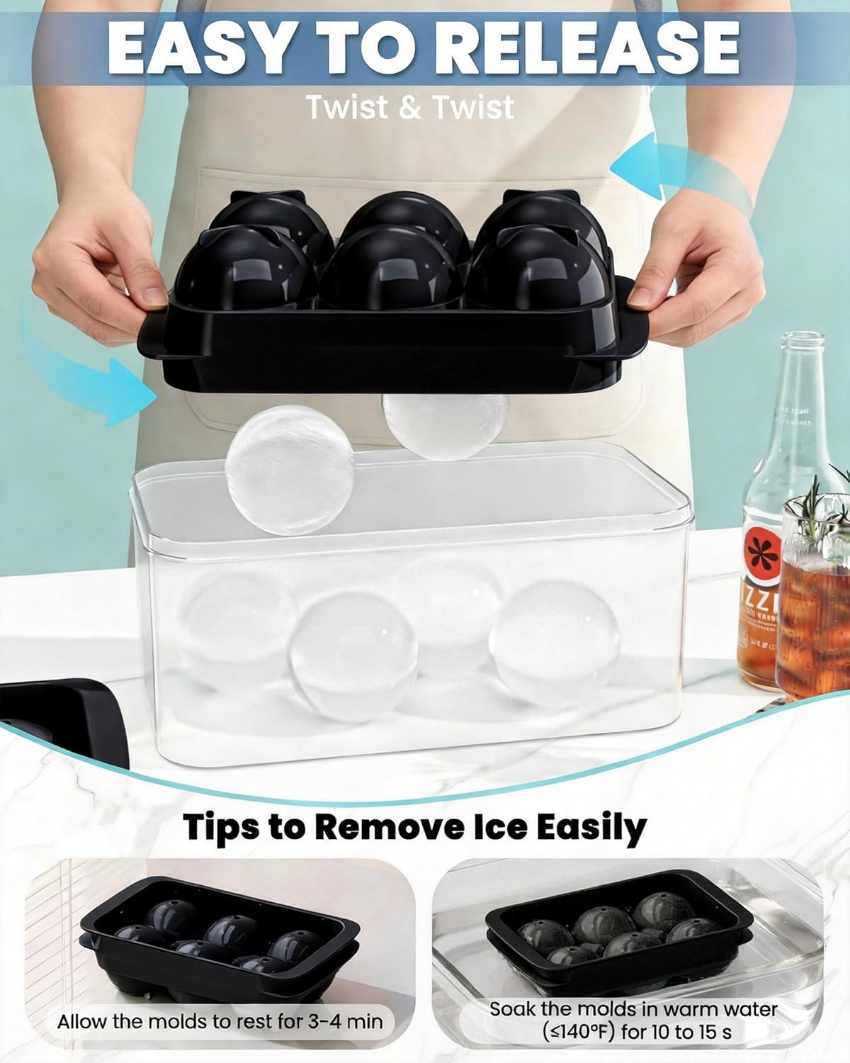 Large Ice Cube Tray for Freezer - 2 Pack Stackable Round Ice Cube Molds Set, Easy to Fill & Release with Storage Bin and Tongs for Kitchen, Party, Cocktail & Coffee, Gifts for Whiskey Lover (1.93In)