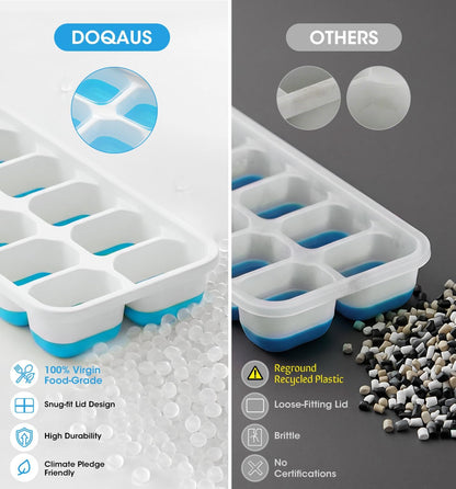 DOQAUS Ice Cube Tray with Lid and Bin - 4 Pack Silicone Ice Cube Trays for Freezer, Stackable Ice Bucket Kits with Storage Container & Scoop for Kitchen, RV, Cocktail, Coffee