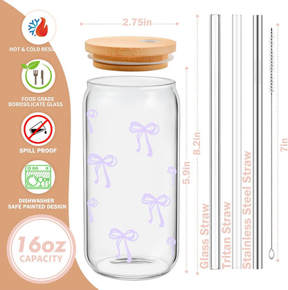 Coquette Cute Pink Bow Glass Cups with Lids and Straws, Aesthetic Iced Coffee Matcha Cup, Girly Preppy Design Tumbler Mug, Valentines Christmas Birthday Gifts for Women, Teen Girl Gifts Trendy Stuff