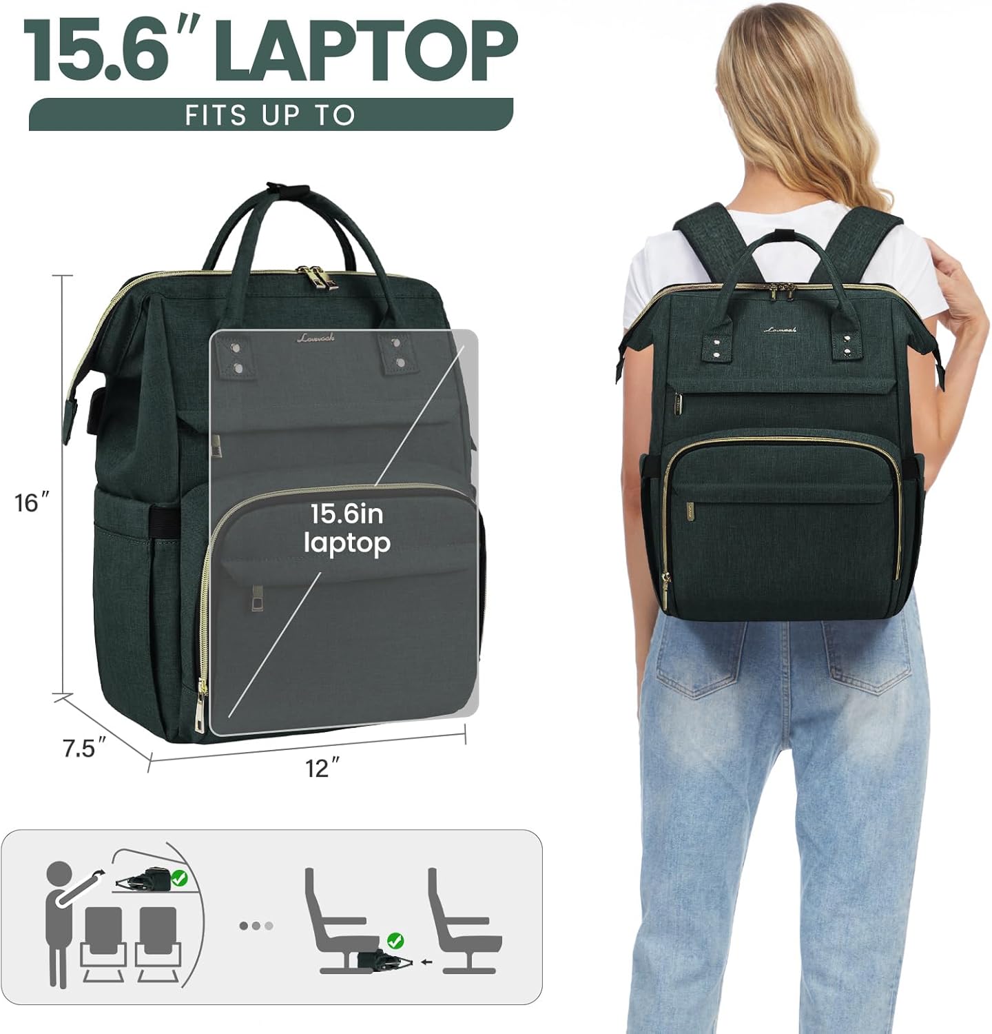 LOVEVOOK Laptop Backpack for Women with Giant Tumbler Holder Pocket,15.6 inch Waterproof Travel Backpack Purse Computer Laptop Bag,Professional Work College Nurse Teacher Backpack Casual Daypack,Black