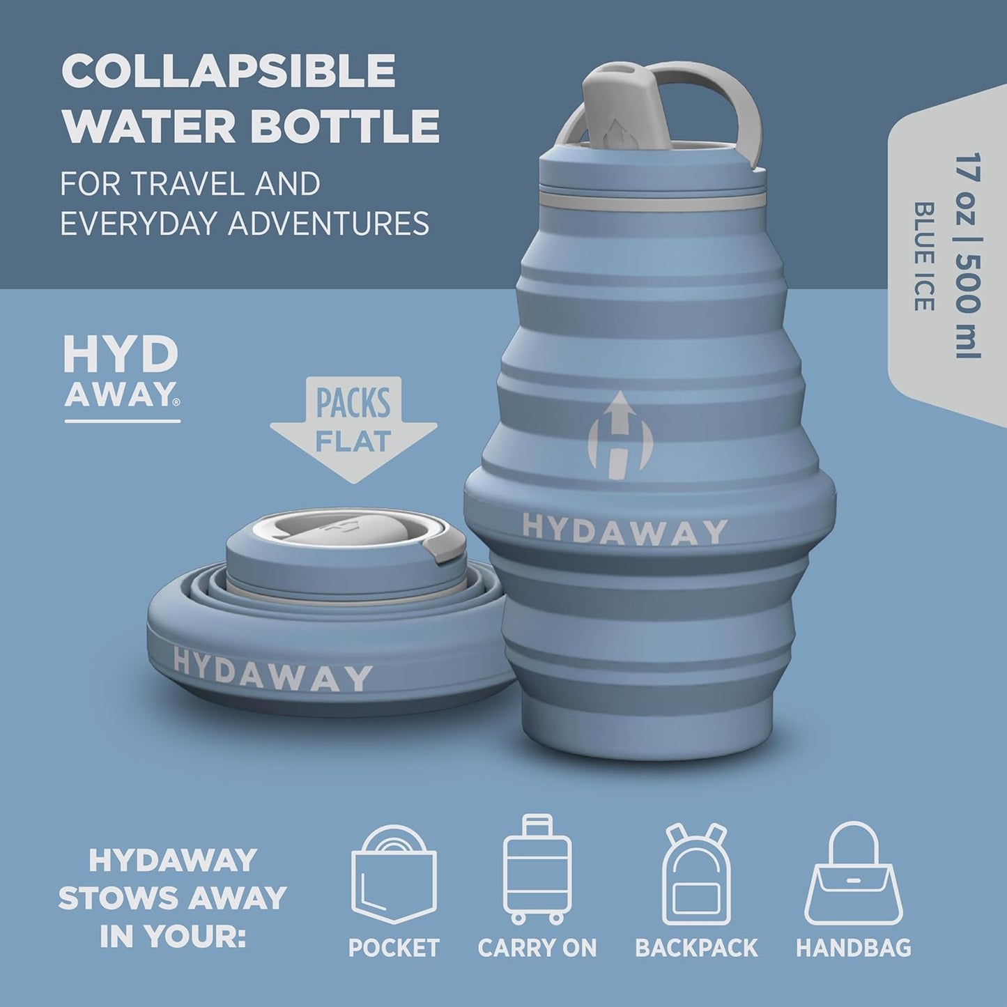 HYDAWAY 17oz Travel Collapsible Water Bottle - BPA-Free, Leakproof, Lightweight, Space-Saving