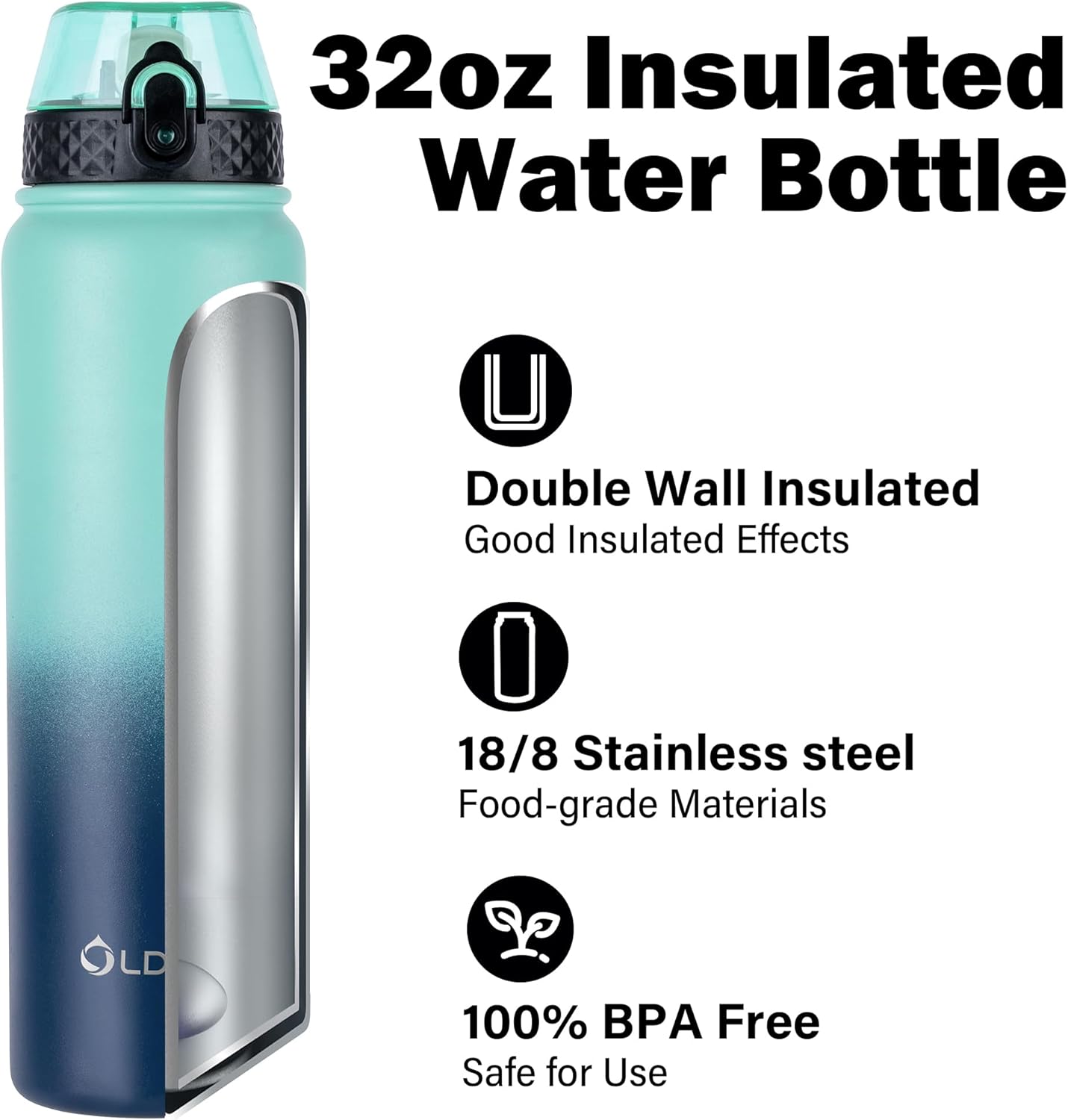 Oldley Insulated Water Bottle 20oz for Adults Kids Stainless Steel Water Bottles with Straw/Chug/Carabiner 3 Lids Fruit Strainer Double Wall Vacuum Wide Mouth BPA Free Leak-Proof for School Travel