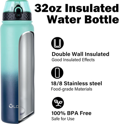 Oldley Insulated Water Bottle 20oz for Adults Kids Stainless Steel Water Bottles with Straw/Chug/Carabiner 3 Lids Fruit Strainer Double Wall Vacuum Wide Mouth BPA Free Leak-Proof for School Travel
