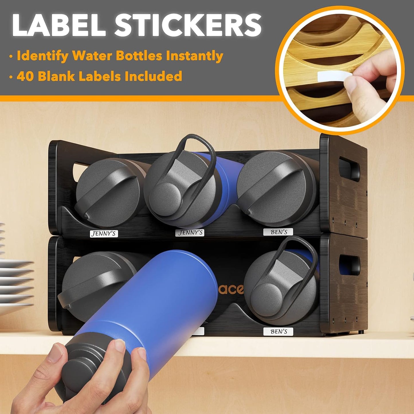 SpaceAid Bamboo Water Bottle Organizer with Labels for Kitchen and Pantry, Storage Rack for Cabinets, Home Cup and Wine Bottle Holder Shelf Organizers, 2 Pack 3-Slot, Hold 6 Bottles