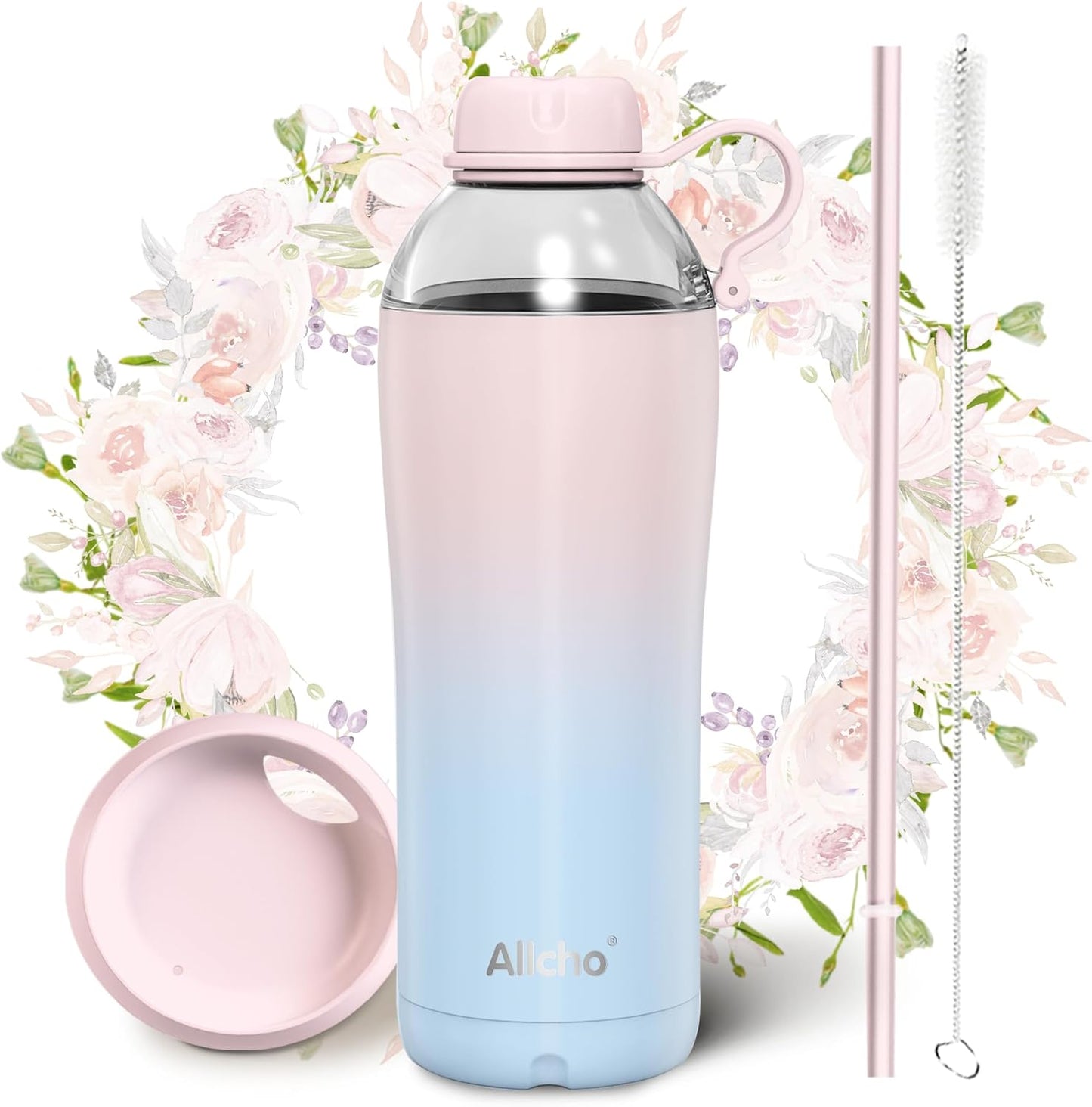 Allcho Insulated Water Bottle for Women, 18oz Stainless Steel Leak Proof Tumbler with 2 Lids, BPA-Free Tritan Chug & Straw Lid, Double Wall Vacuum Flask