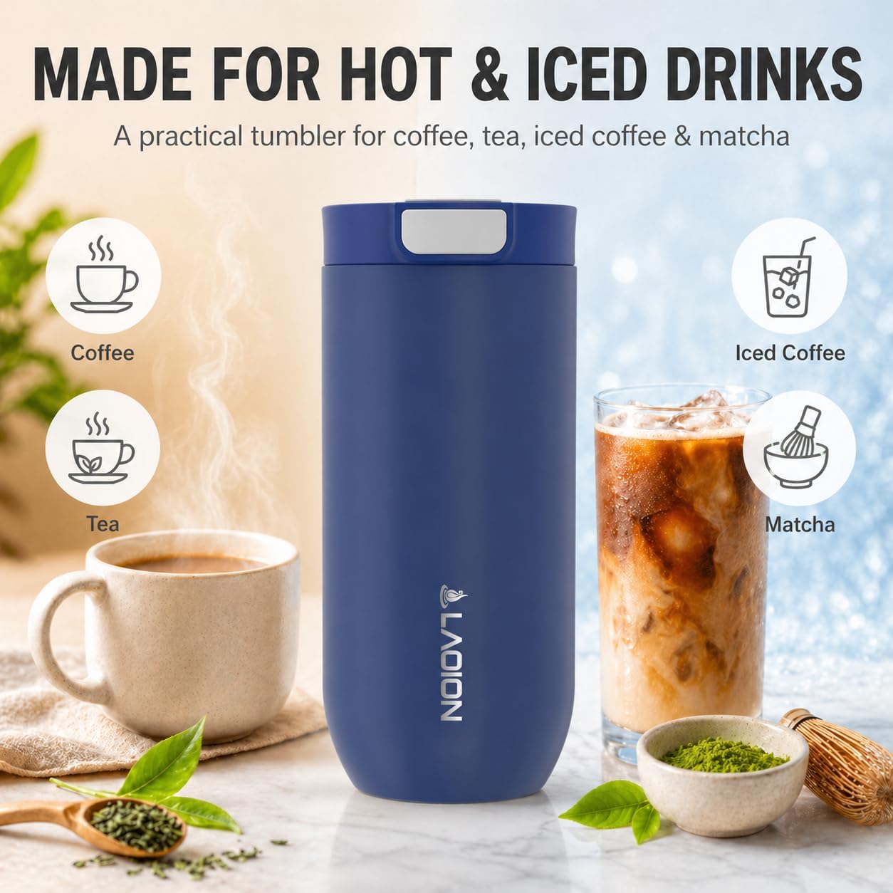 LAOION 17 oz Insulated Coffee Tumbler, Stainless Steel Travel Coffee Mug with Slider Lid, Reusable Iced Coffee Cup for Office, Car, Commute, Gray
