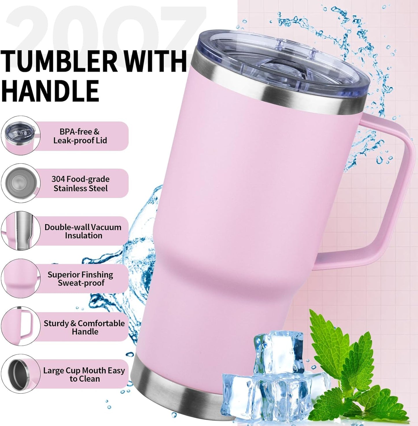 20oz Insulated Tumbler with Handle Stainless Steel Travel Coffee Mug with Lid and Straw Double Wall Vacuum Leak-proof Reusable Thermal Water Cup for Hot and Cold Drinks (Purple,1 Pack)
