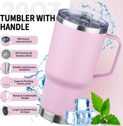 20oz Insulated Tumbler with Handle Stainless Steel Travel Coffee Mug with Lid and Straw Double Wall Vacuum Leak-proof Reusable Thermal Water Cup for Hot and Cold Drinks (Purple,1 Pack)