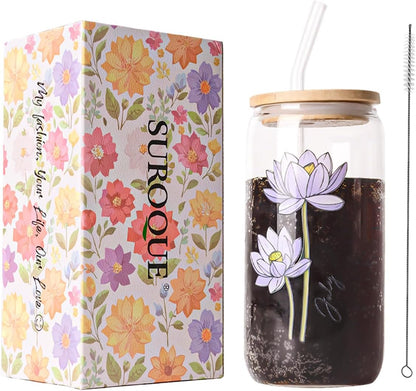 SUROQUE 20oz Ribbed Glass Tumblers with Lids & Straws, Ideal for Iced Coffee, Cocktails & More - Includes Cleaning Brush