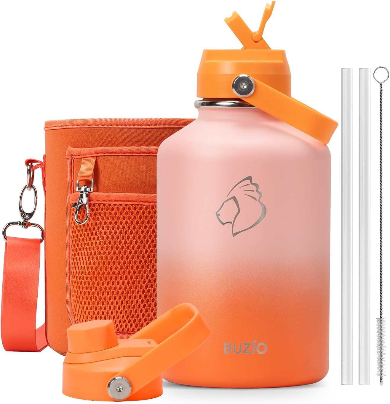 BUZIO 40oz Insulated Water Bottle, Triple Wall Vacuum Stainless Steel Water Flask with 2 lids, Lead-Free BPA-Free Straw Lid Sports Canteen Jug, Cold 48H & Hot 24H- Black - Colors B