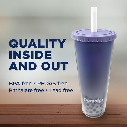 Bumbler Original Boba Tea Cup - 24oz Double-Walled Plastic Reusable Tumbler with Extra Wide Straw & Leak-Proof Lid - BPA-Free Smoothie & Iced Coffee Travel Mug - Blush Pink