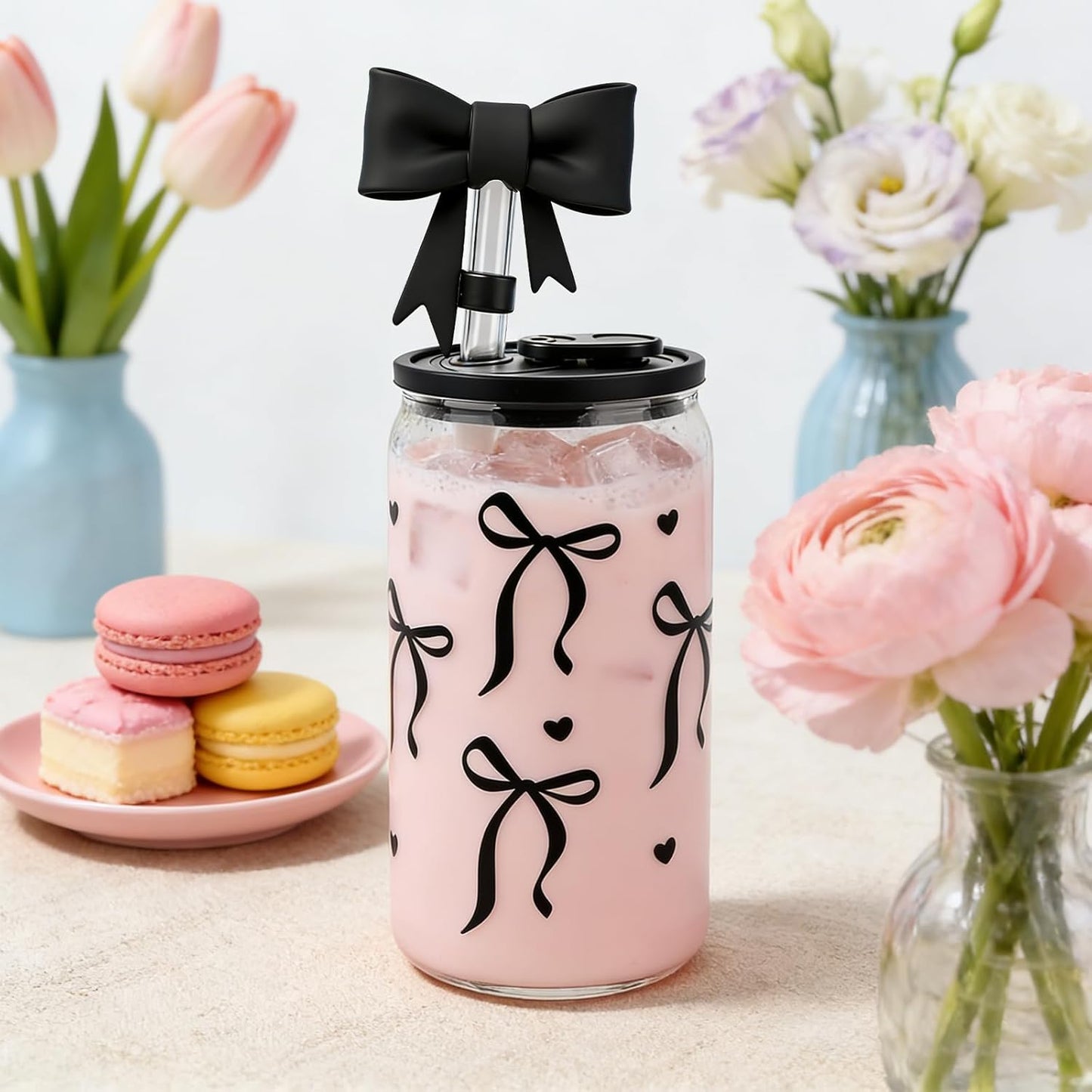 Mason Life Matcha Cup, 18 OZ Cute Glass with Lid and Straw, Matcha Drinking Cup Beer Can Glass for Valentines Day Gift Iced Coffee Smoothie Cocktail Milk Mother's Gifts