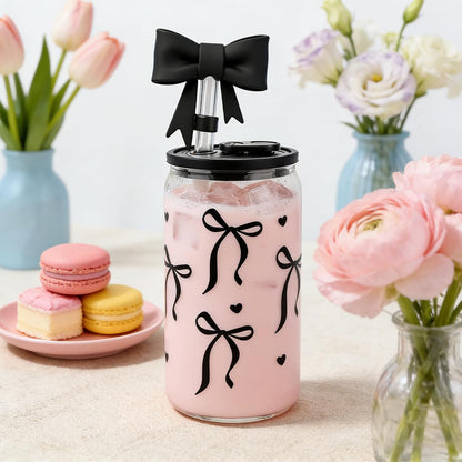 Mason Life Matcha Cup, 18 OZ Cute Glass with Lid and Straw, Matcha Drinking Cup Beer Can Glass for Valentines Day Gift Iced Coffee Smoothie Cocktail Milk Mother's Gifts