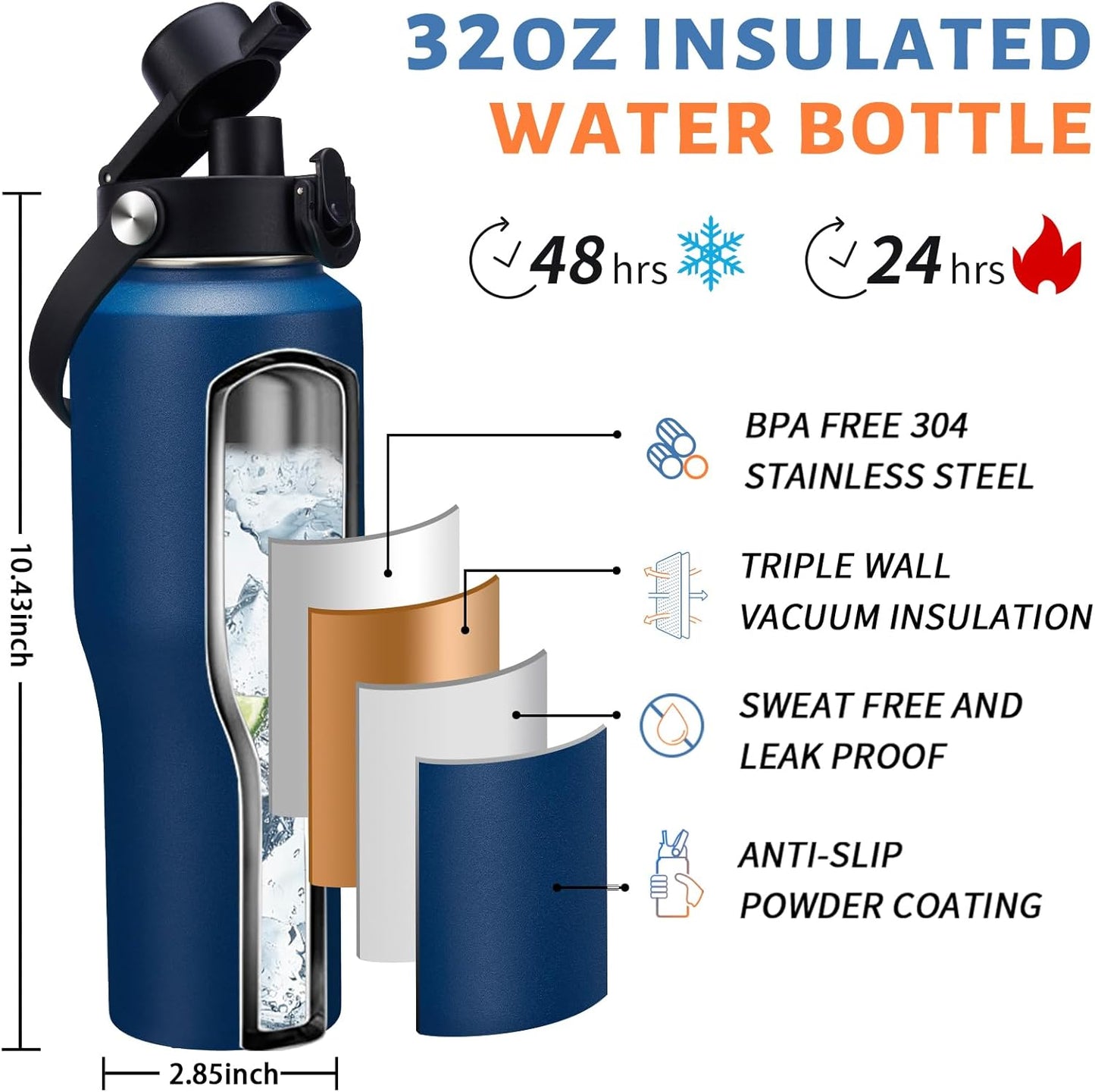 Insulated Water Bottle 40 oz - Fits in any Car Cup Holder, Keep Cold 48H Hot 24H, Stainless Steel Waterbottle Double Wall Flask with Straw, Pop-up Spout Lid, Paracord Handle, Carrier Bag