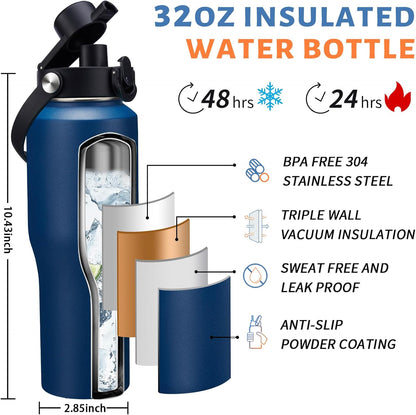 Insulated Water Bottle 40 oz - Fits in any Car Cup Holder, Keep Cold 48H Hot 24H, Stainless Steel Waterbottle Double Wall Flask with Straw, Pop-up Spout Lid, Paracord Handle, Carrier Bag