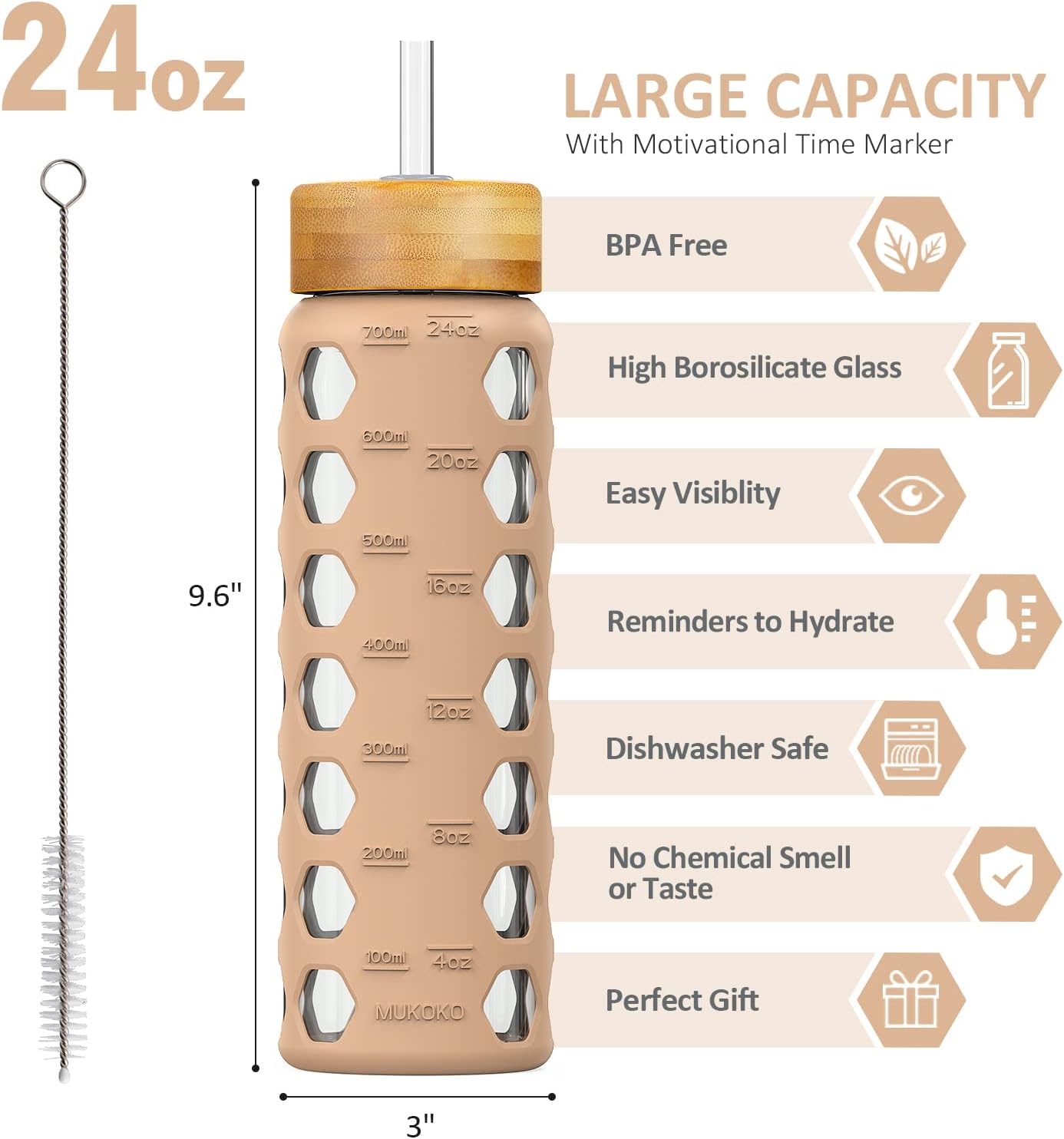 MUKOKO Glass Water Bottles, 32oz Glass Tumbler with Straw, Drinking Bottles with 2 Lids-Handle Spout Lid&Bamboo Straw Lid, Motivational Water Bottle with Time Marker and Silicone Sleeve, 1 Pack-Olive