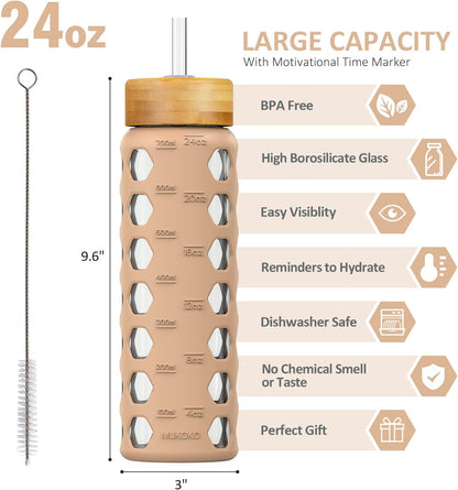 MUKOKO Glass Water Bottles, 32oz Glass Tumbler with Straw, Drinking Bottles with 2 Lids-Handle Spout Lid&Bamboo Straw Lid, Motivational Water Bottle with Time Marker and Silicone Sleeve, 1 Pack-Olive