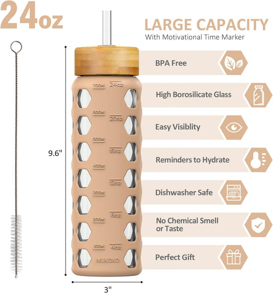 MUKOKO Glass Water Bottles, 32oz Glass Tumbler with Straw, Drinking Bottles with 2 Lids-Handle Spout Lid&Bamboo Straw Lid, Motivational Water Bottle with Time Marker and Silicone Sleeve, 1 Pack-Olive
