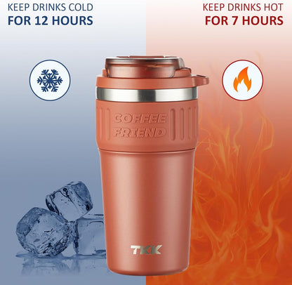 TKK Insulated Coffee Mug with Ceramic Coating, 21oz Iced Coffee Tumbler Cup with Straw Lid Double Wall Vacuum Leak Proof Travel Mug with Strap for Hot and Iced Beverage, Tungsten Steel