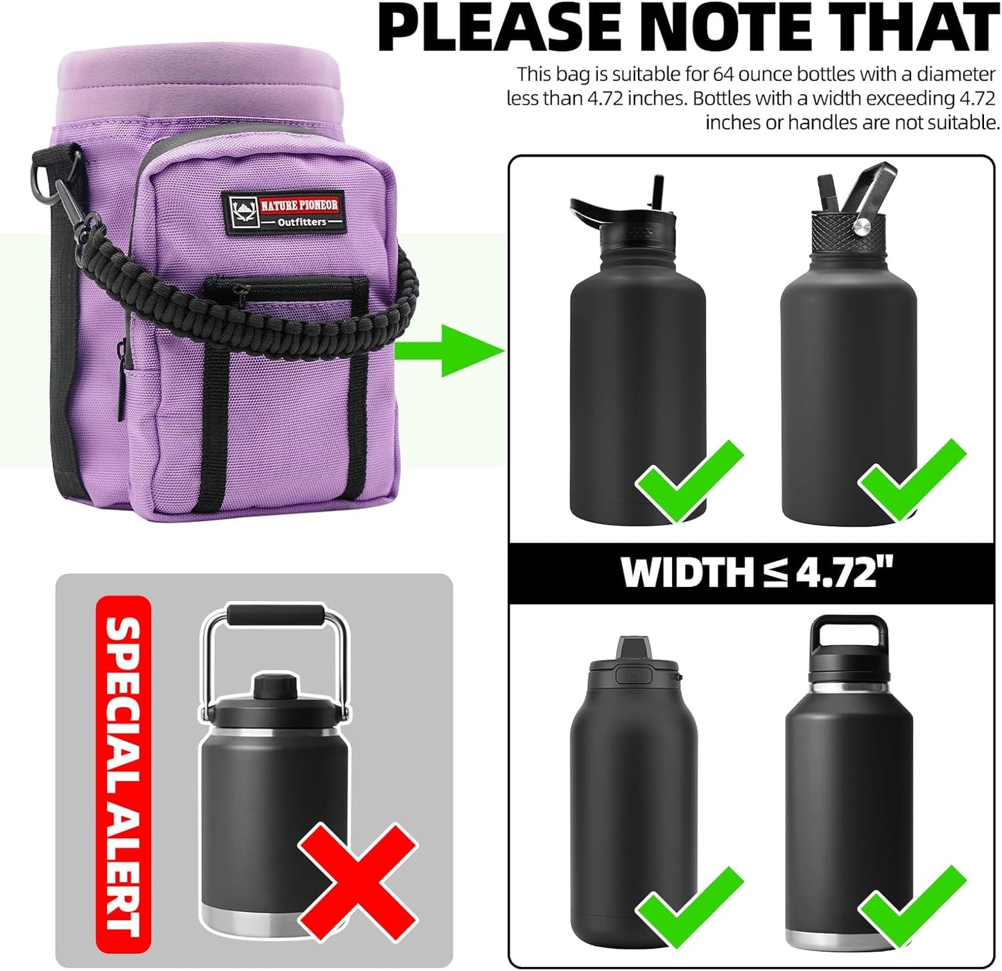 NATURE PIONEOR Water Bottle Holder with Adjustable Strap - 26/32/36/40/46/64oz Insulated Water Bottle Sling Carrier with Paracord Handle & 2 Pockets, Outdoor Sports, Hiking, Camping, Gym