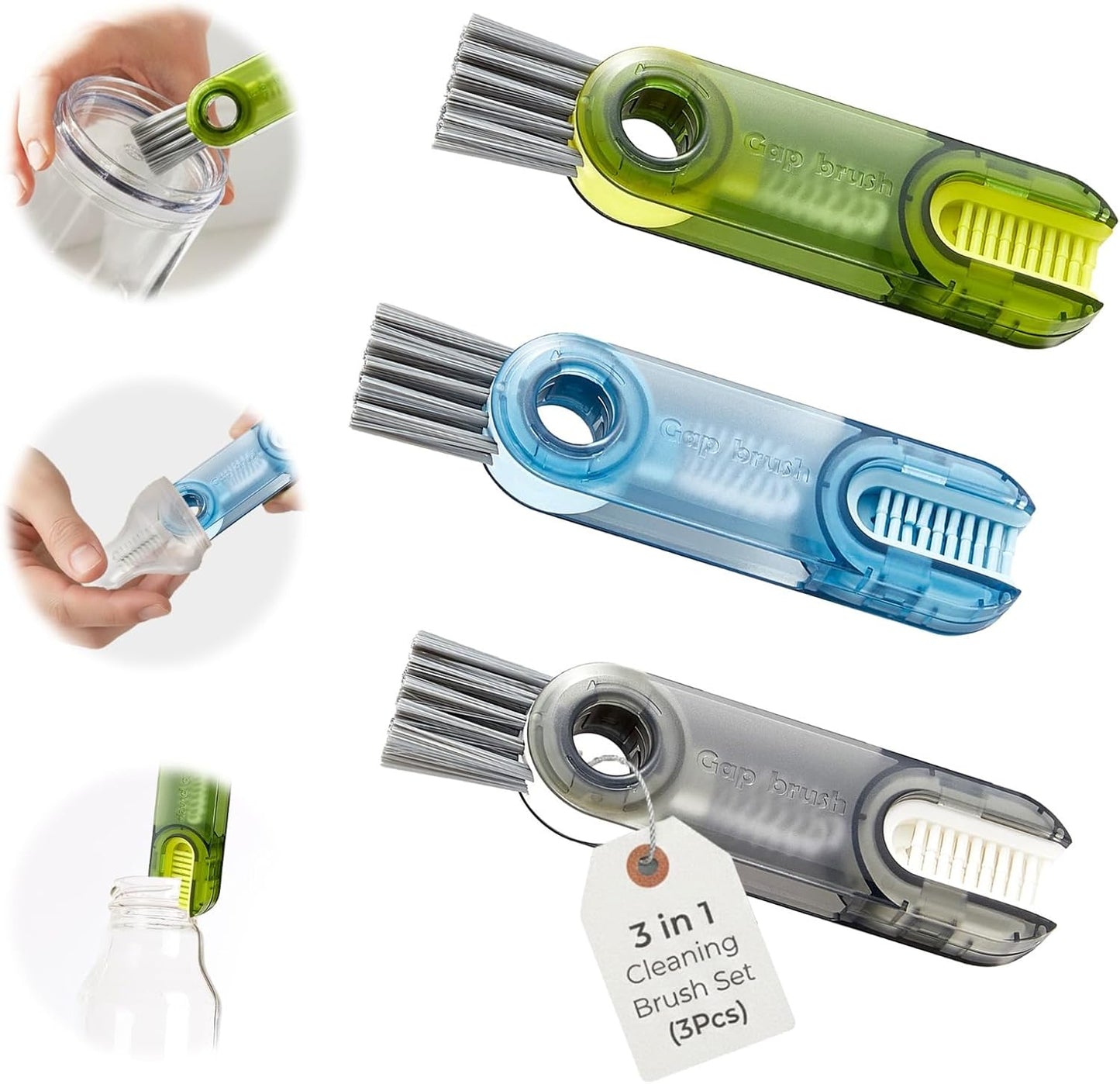 Multifunctional 3-in-1 Cleaning Brush for Cups, Bottles & Keyboards – Portable Glass & Lid Gap Cleaner for AirPods, Hard-to-Reach Corners – ABS & Silicone Compact Design (Blue/Dark Grey/Green).