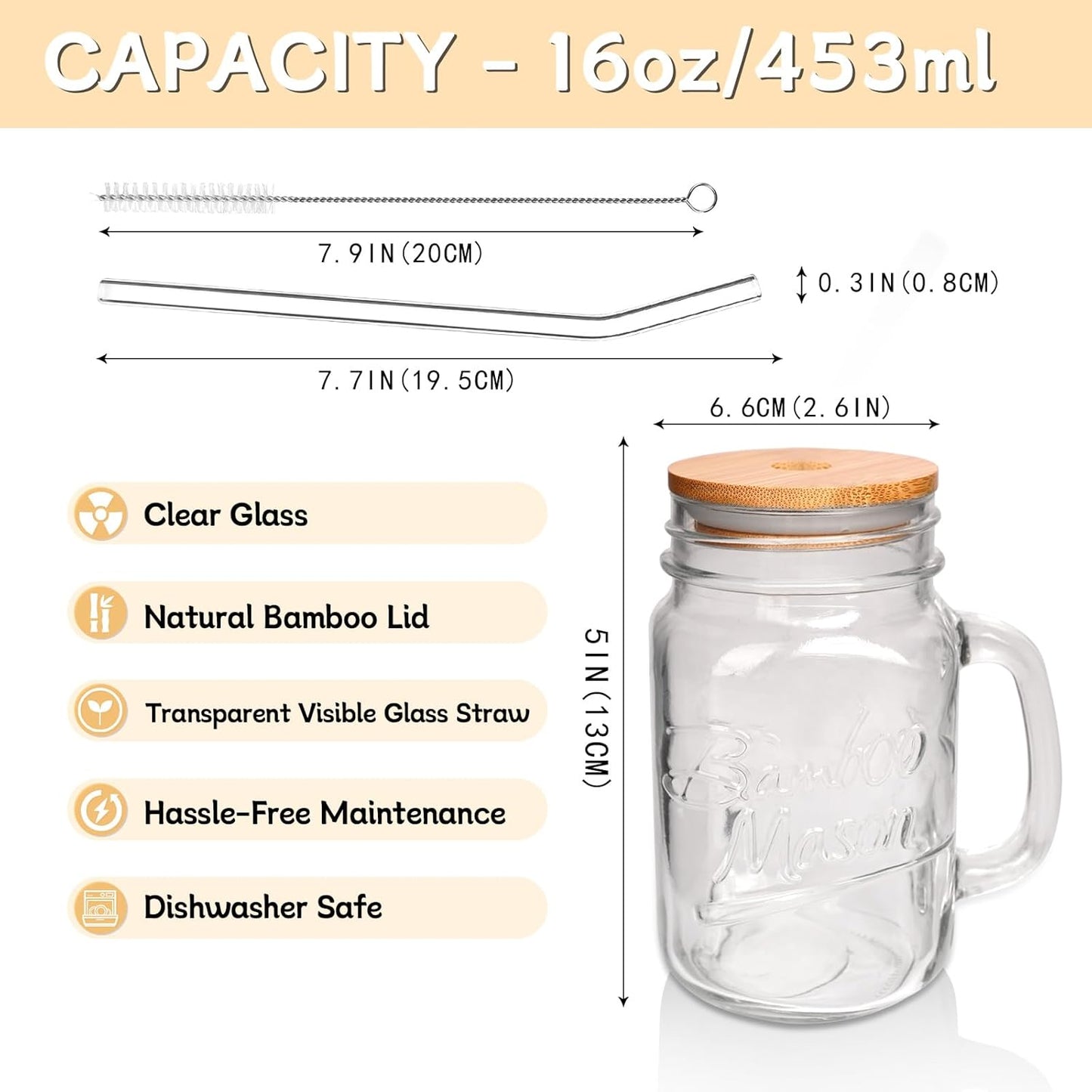 ANOTION Mason Jar Iced Coffee Cup with Lid and Straw, 24oz Regular Mouth Mason Jars with Handle Glass Coffee Drinking Glasses Tumbler Reusable Cups Bottles for Iced Coffee Cups for Travel Office Home