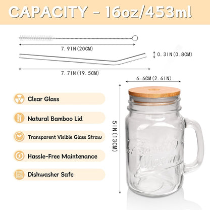 ANOTION Mason Jar Iced Coffee Cup with Lid and Straw, 24oz Regular Mouth Mason Jars with Handle Glass Coffee Drinking Glasses Tumbler Reusable Cups Bottles for Iced Coffee Cups for Travel Office Home