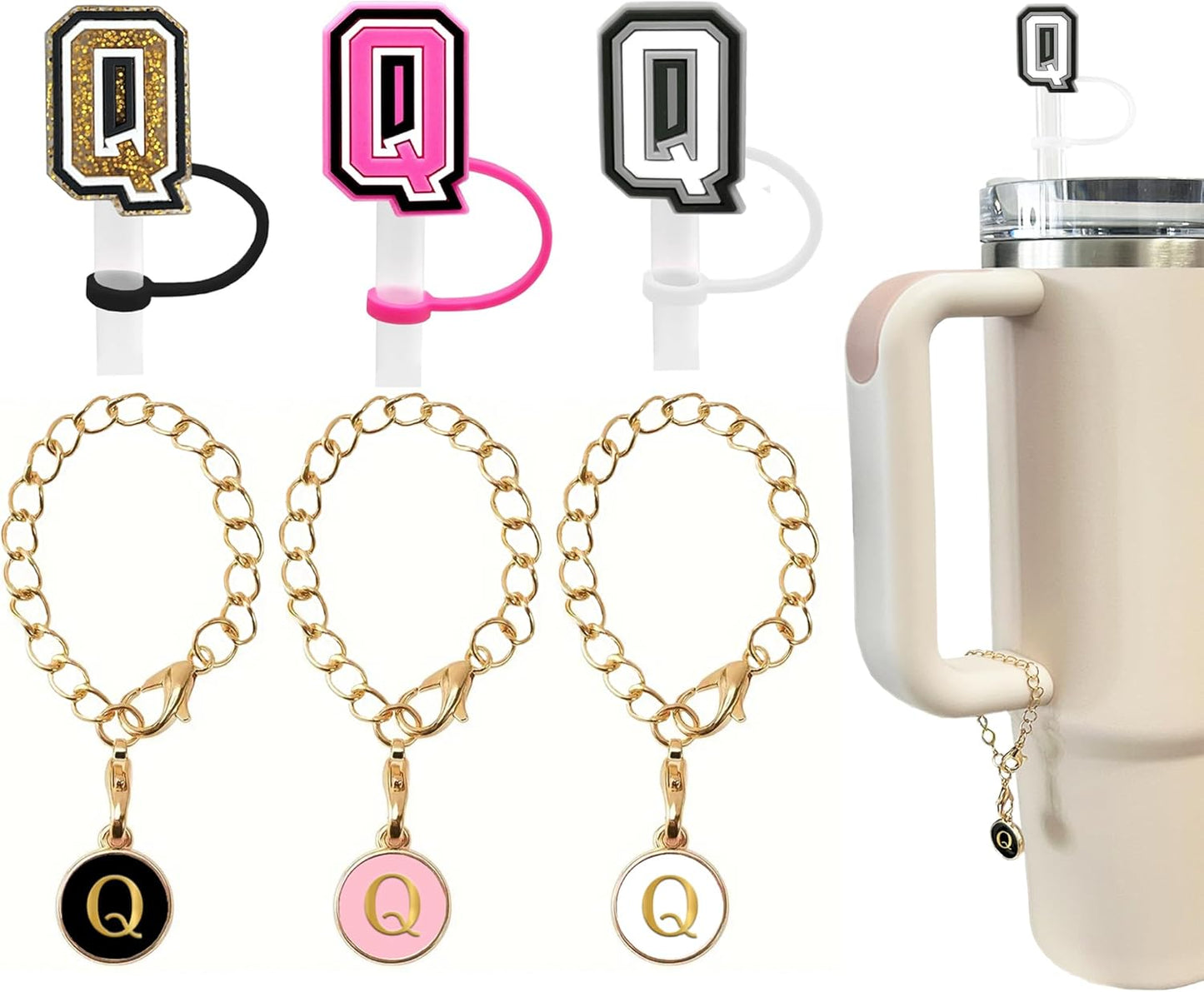 （3 +3) 3PCS Nuozme Straw Cover 10mm For Stanley Tumbler Cup Reusable Straw Cap Topper with 3 Initial Letter Charms Accessories Name ID Personalized Handle Charm For Stanley 30&40 Oz Cup Tumbler - Colors A