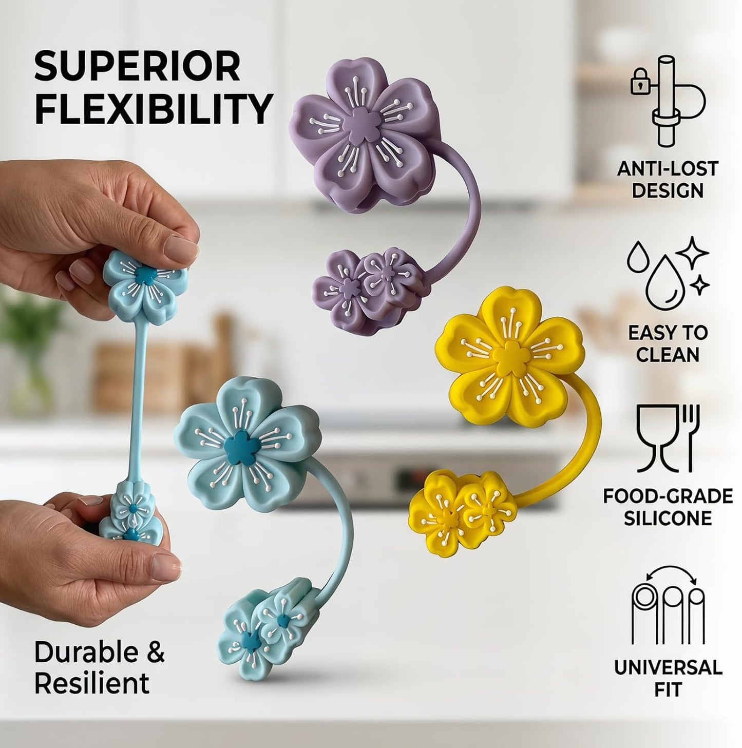 BTYHAOS Silicone Straw Caps for 10mm Tumblers | Reusable Dust-Proof Straw Toppers Compatible with Stanley 30oz & 40oz Tumblers (Purple Flower 3pc)