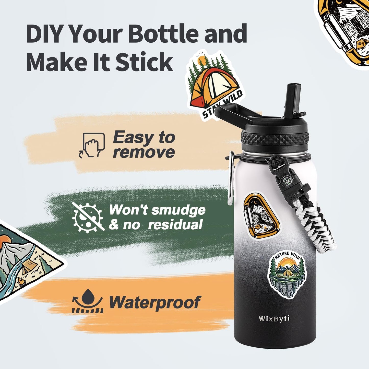 WixByti 40 oz Insulated Water Bottle with Straw (Cold for 36 Hrs), Stainless Steel Triple Wall Vacuum Sports Water Jug, Leakproof Hydro Cup Flask with Paracord Handle & Straw Spout Lids & DIY Stickers