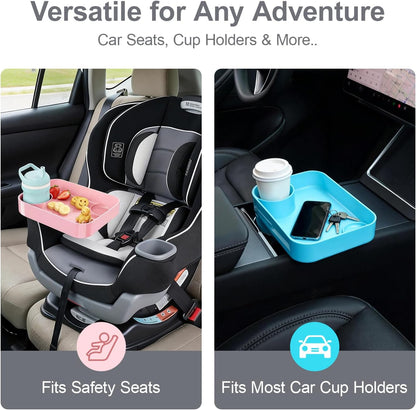 Car Seat Snack Tray for Toddlers - 3 Inch Cup Holder Fits Most Sippy Cups & Straw Bottles with Dip Well, Mess-Free Square Kids Travel Tray Road Trip Essentials, Black