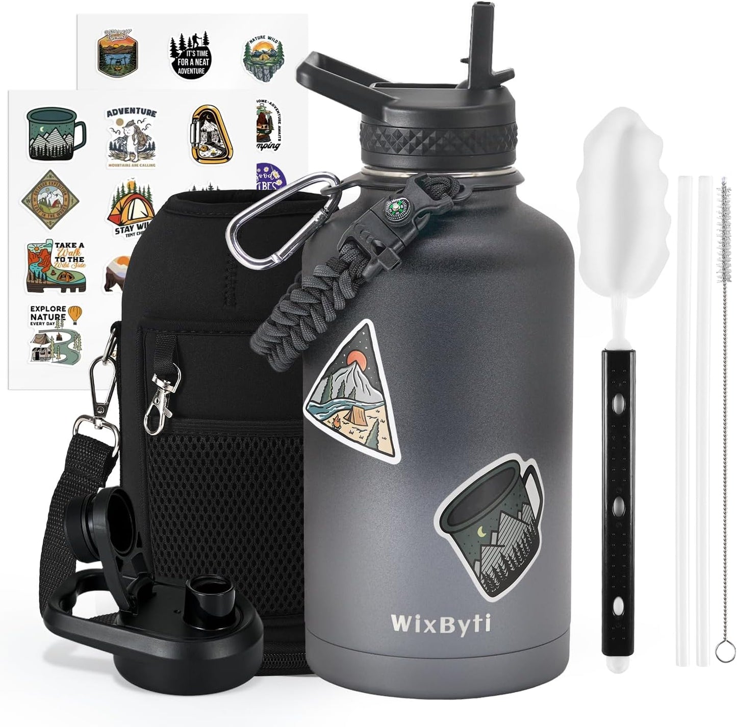 WixByti 40 oz Insulated Water Bottle with Straw (Cold for 36 Hrs), Stainless Steel Triple Wall Vacuum Sports Water Jug, Leakproof Hydro Cup Flask with Paracord Handle & Straw Spout Lids & DIY Stickers