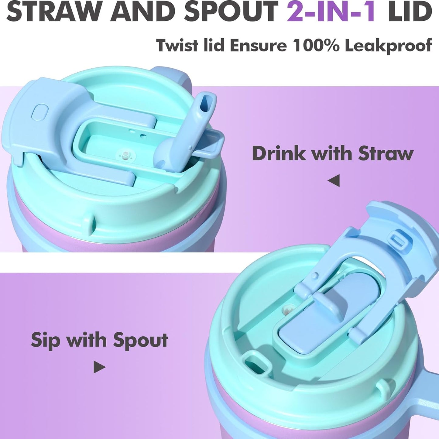Fimibuke 16oz Kids Insulated Tumbler with Handle & Straws - 2 Pack BPA FREE 18/8 Stainless Steel Toddler Cups with Sip/Swig 2-in-1 Lids, Leak Proof Kid Drinking Cup Travel Mugs for Children Boys Girls