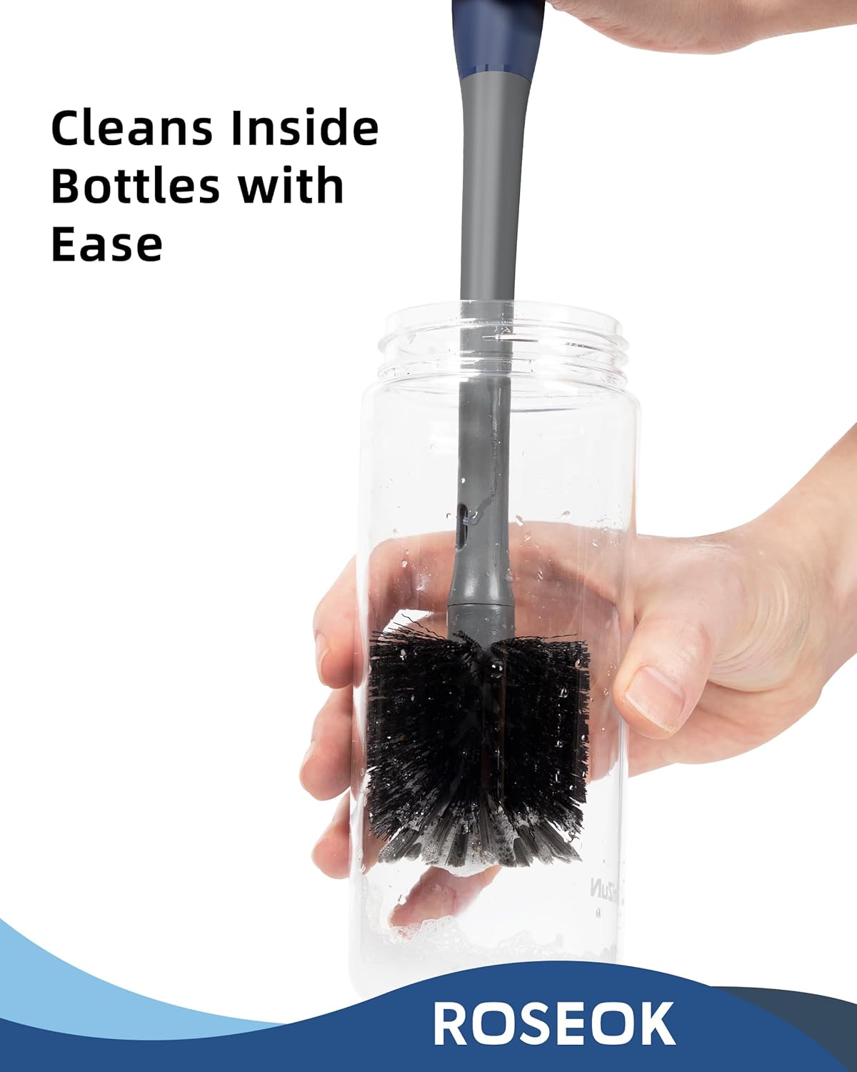ROSEOK 2 in 1 Long Handle Bottle Brush with Straw Brush for Cleaning Glass, Sports Bottle, Coffee Mug,Navy Blue,1 Pack