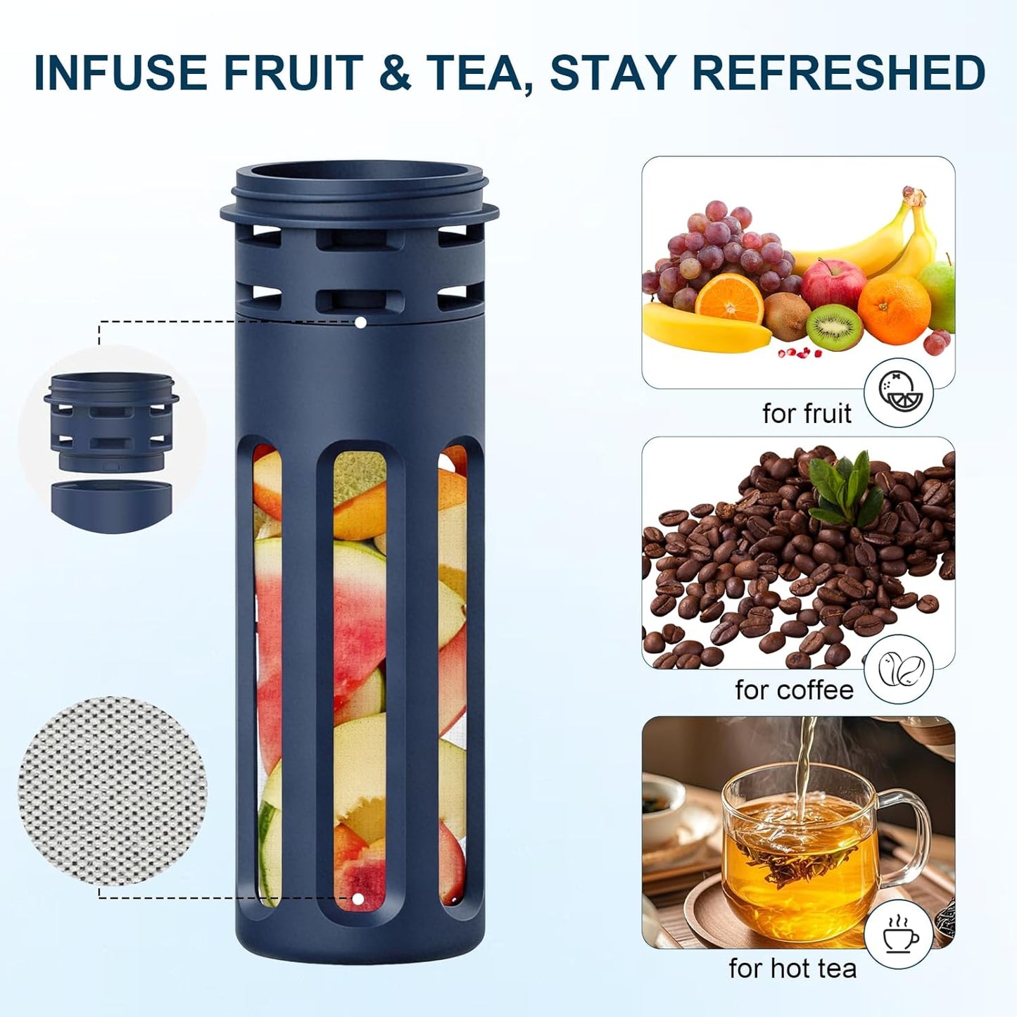 64oz Half Gallon Fruit Infuser Insulated Stainless Steel Water Bottle Jug, 48H Cold & 24H Hot, Large Capacity for Travel Hiking Mountain Climbing Black