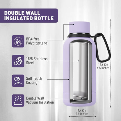 Exllena Slim Insulated Water Bottles for Travel 18oz with Clip, Double Wall Vacuum Stainless Steel Water Bottle Keeps Drinks Cold 24 Hrs/Hot 12 Hrs, 100% Leakproof, BPA Free(Black)