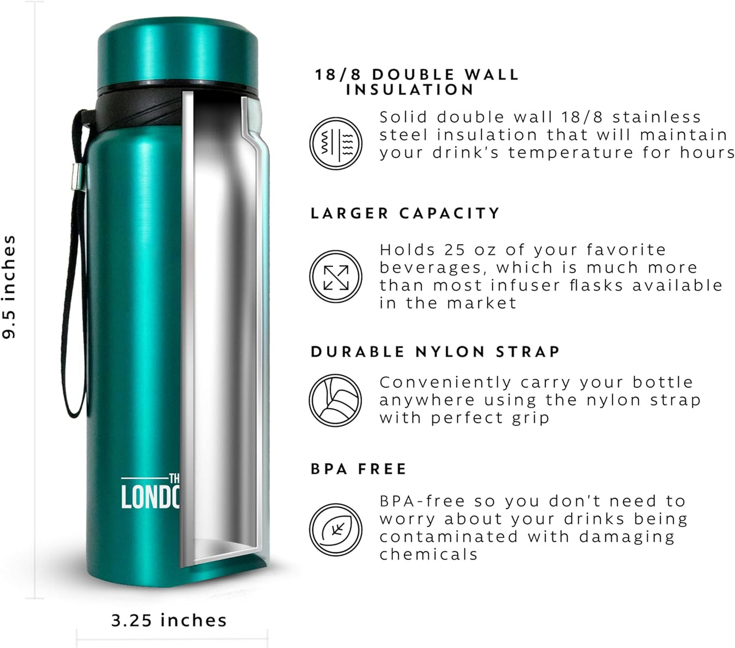 London Sip 25 oz Multi-Function Travel Mug and Tumbler Tea Infuser Water Bottle Fruit Infuser Flask Hot and Cold Double Wall Stainless Steel Coffee Thermos, Cosmic Silver